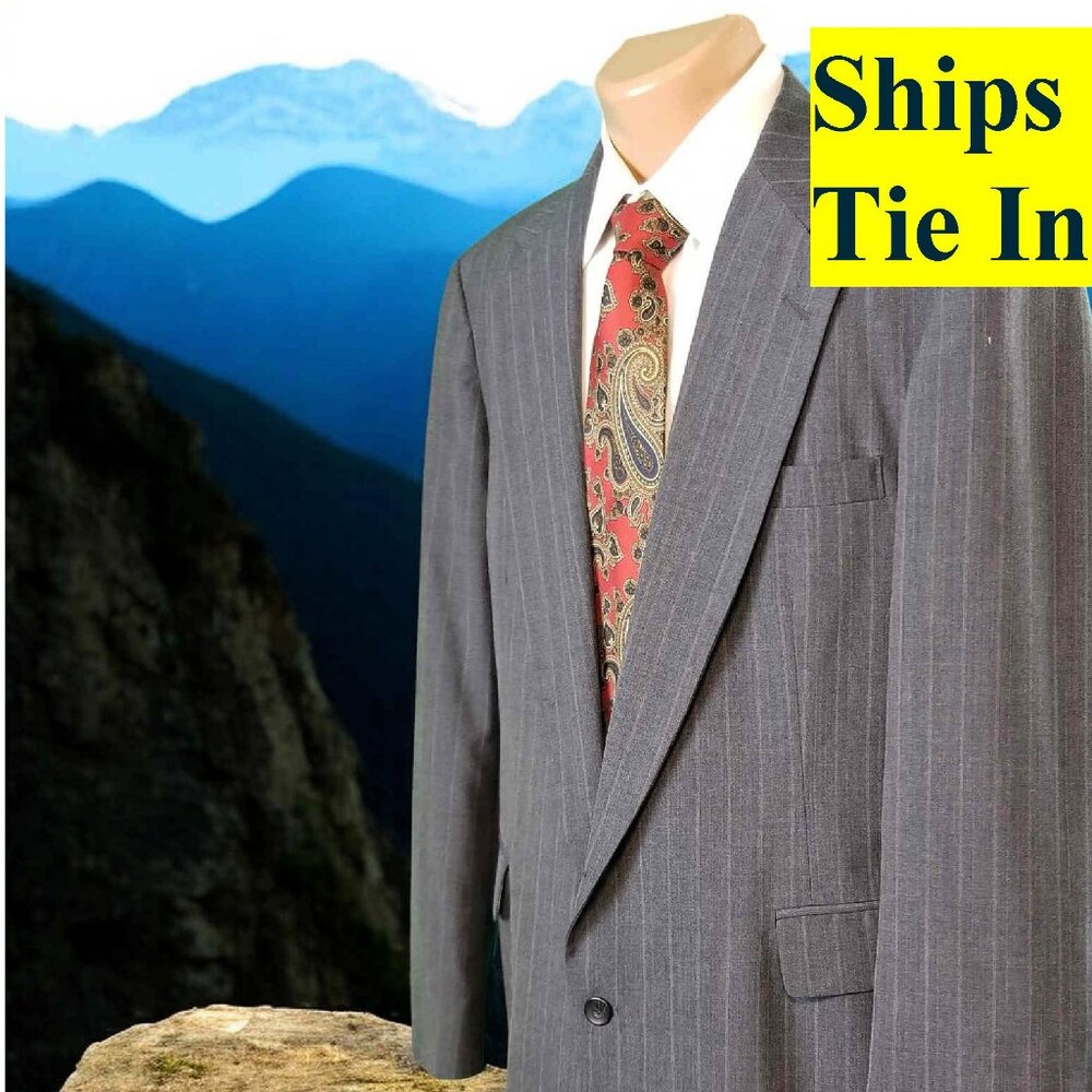 Haggar Men's 42L Blue Striped 100% Wool Blazer Sport Coat & Tie 11567